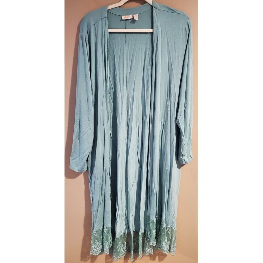 LOGO Lavish Rayon Spandex Blend Green Lace Trim Duster Cardigan, Size 1X